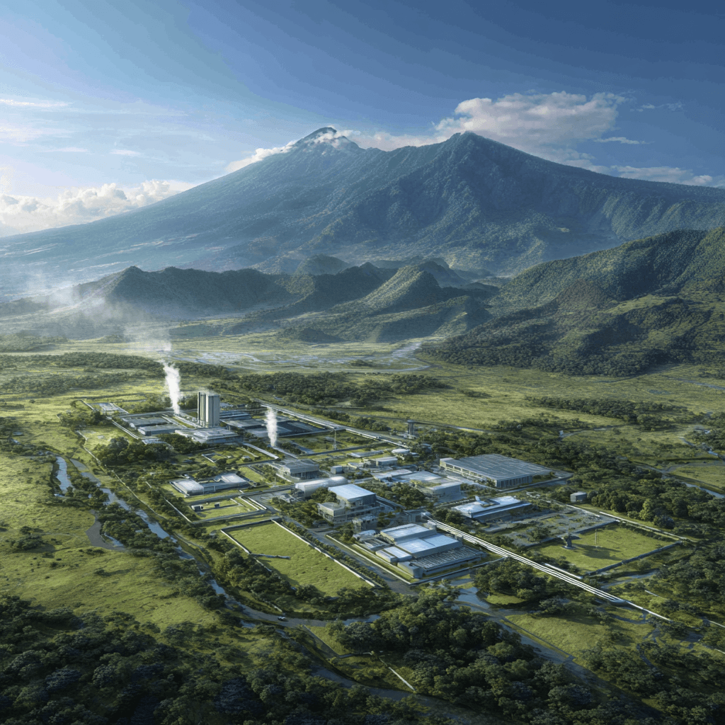 Geothermal power plant at the base of a volcano in Indonesia